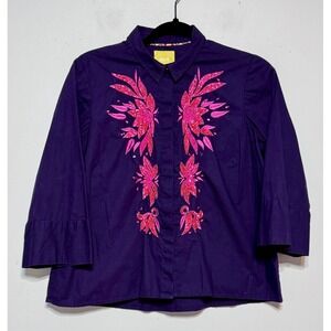 Maeve by‎ Anthropologie Purple Embroidered Cotton Button Up Blouse Size 6